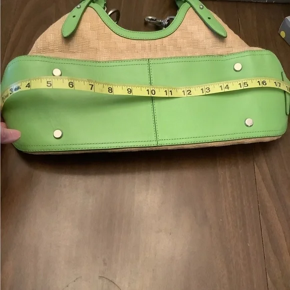 Cole Haan Straw Hobo Tote Kiwi Green Leather Summer Coastal Beach Bag - Picture 6 of 12